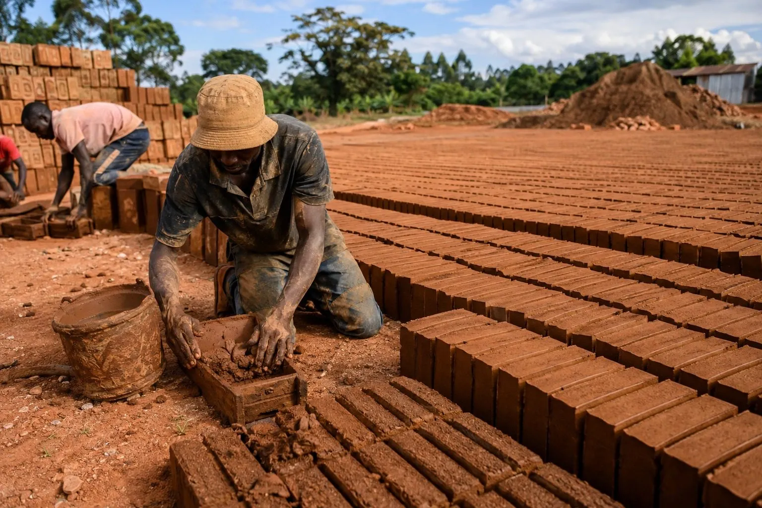 Illustrative visualisation: a brickmaker turning out moulded clay bricks in rows to dry on red soil