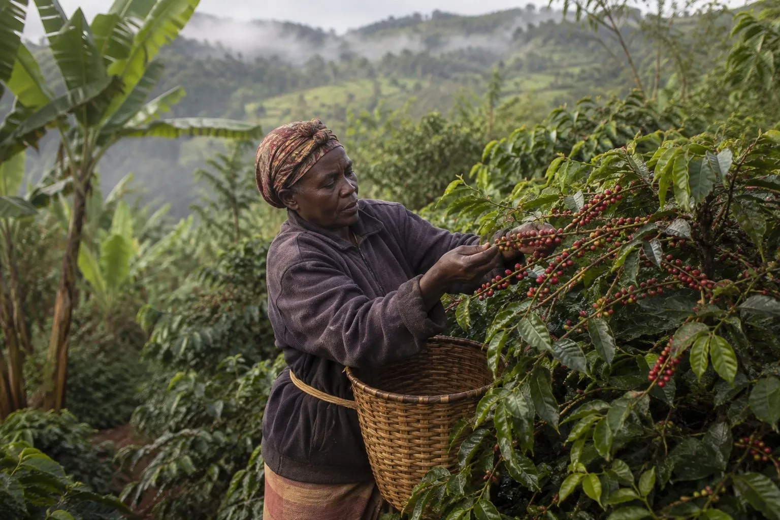 Illustrative visualisation: a grower picking ripe coffee cherry into a waist basket on a steep smallholding