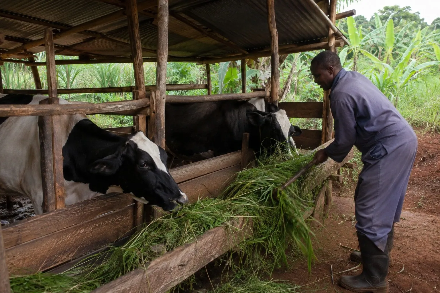 Illustrative visualisation: a stockman feeding napier grass to dairy cows in a zero-grazing unit