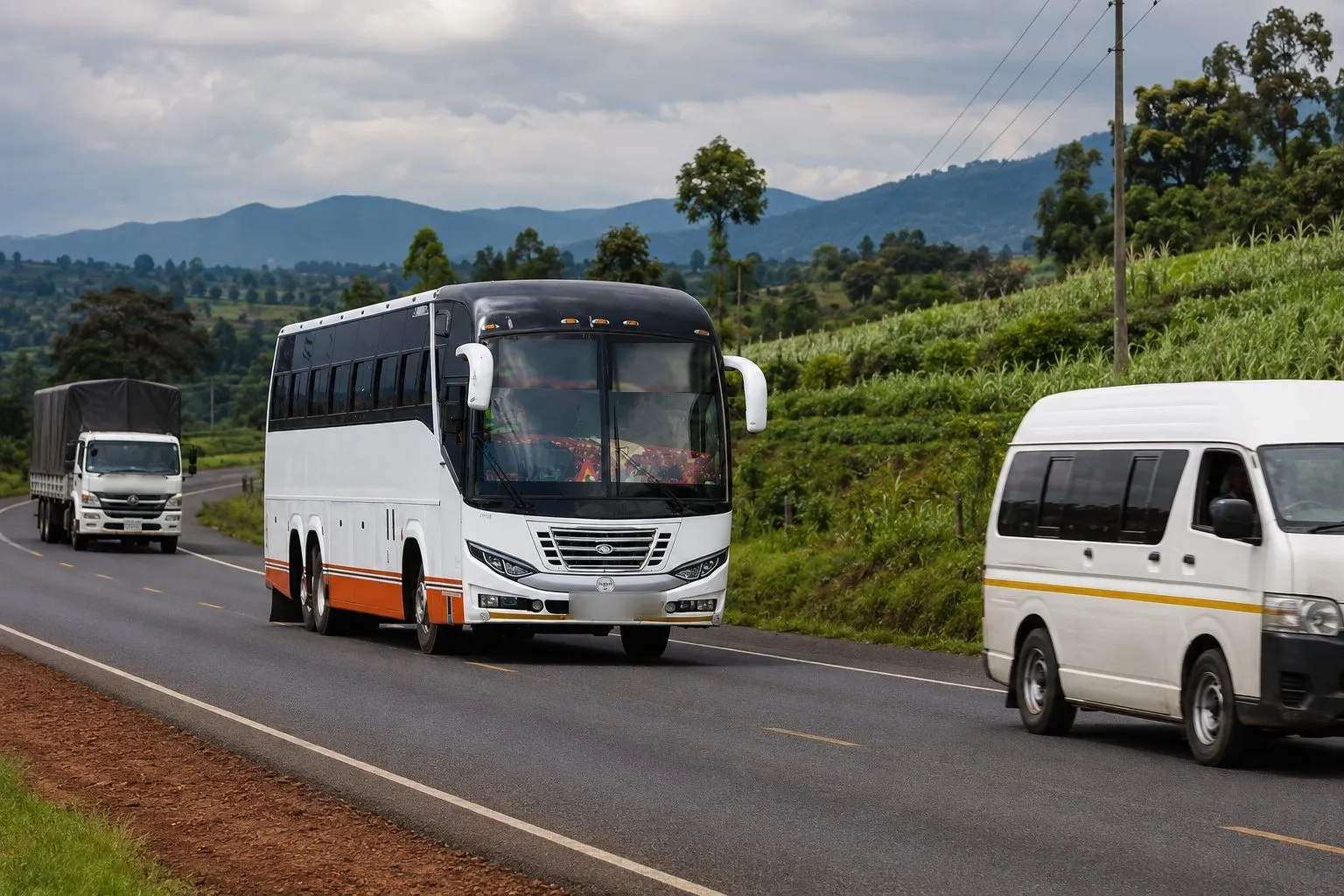 Illustrative visualisation: coaches and matatus on a highland highway running between tea fields